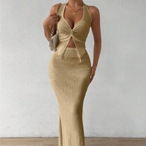 Khaki Beach Matching Halter Top & Maxi Shirt